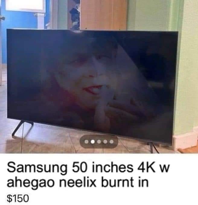 The meme is a screenshot of a Craigslist ad for a 50-inch Samsung TV. The ad is titled "Samsung 50 inches 4K w ahegao neelix" and the description reads "neelix" is a reference to a character from the TV show Star Trek: Voyager, and "ahegao" is a Japanese internet slang term that roughly translates to "I'm so happy I'm going to explode".